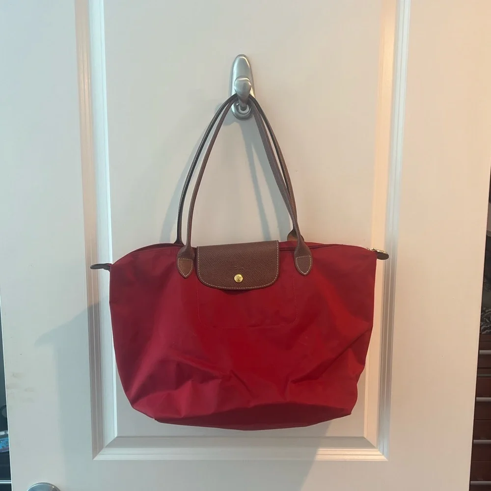 Longchamp Nylon Tote in Red with Brown Trim